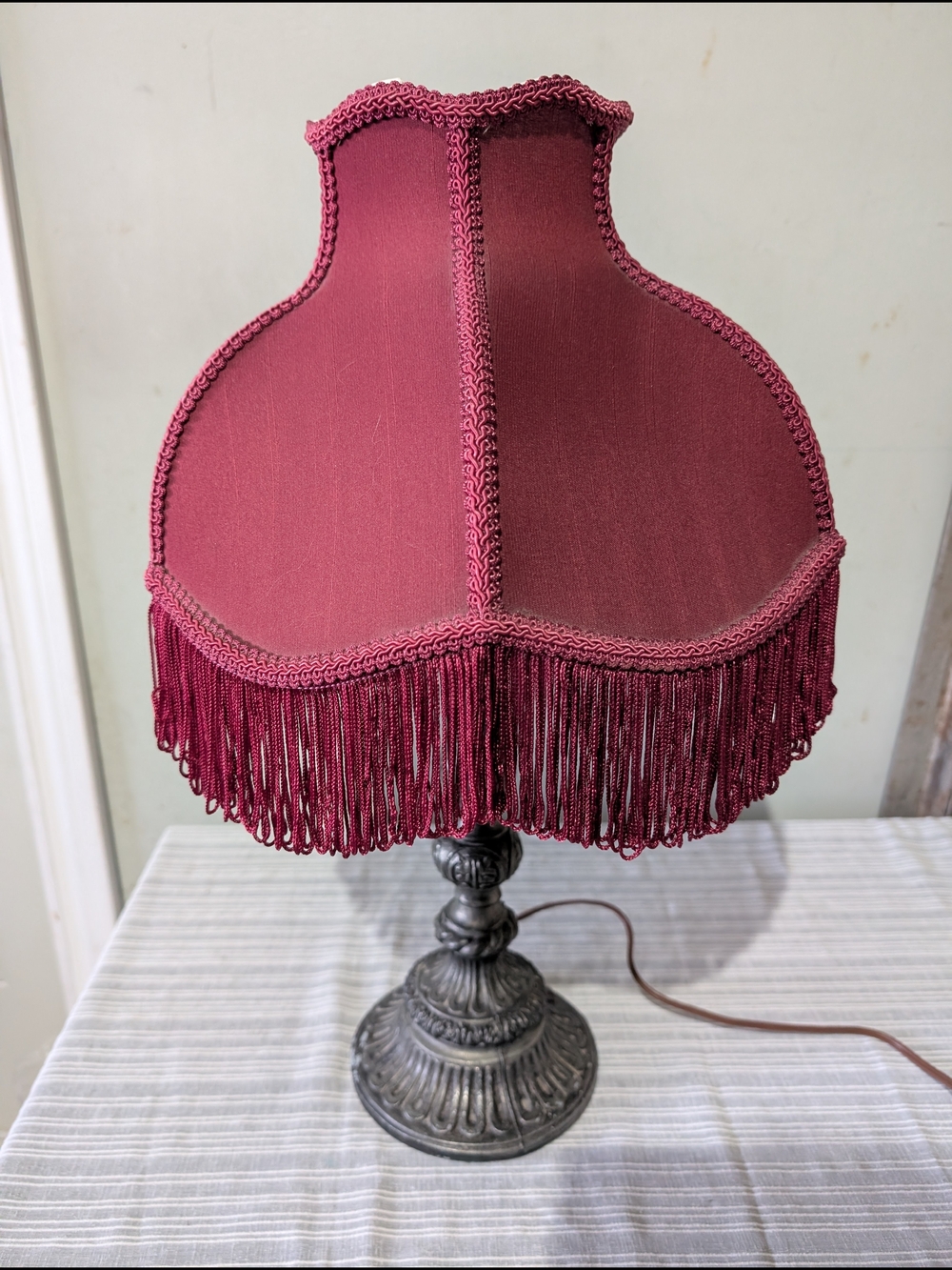 Vintage Victorian Style Burgundy Fringe Table Lamp • Ornate Pewter Finish Base •
